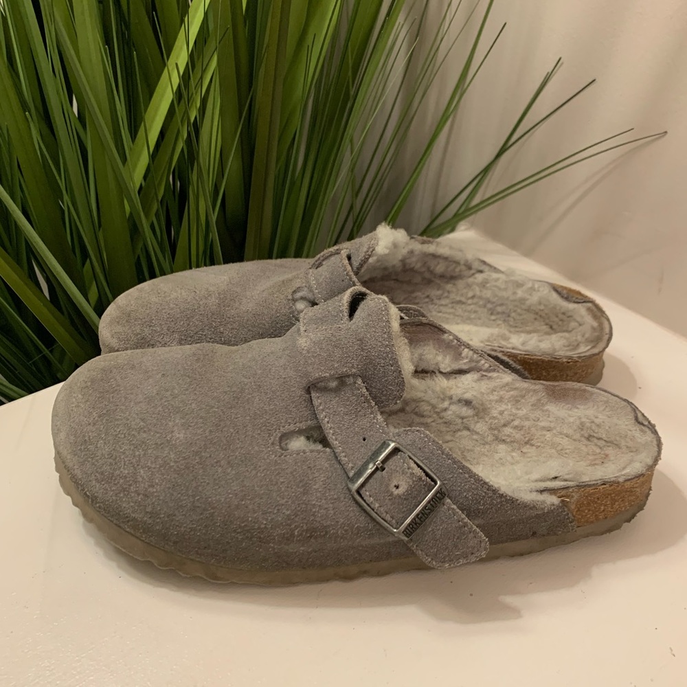Birkenstock Shearling Boston Clogs Gray Size 38 Narrow